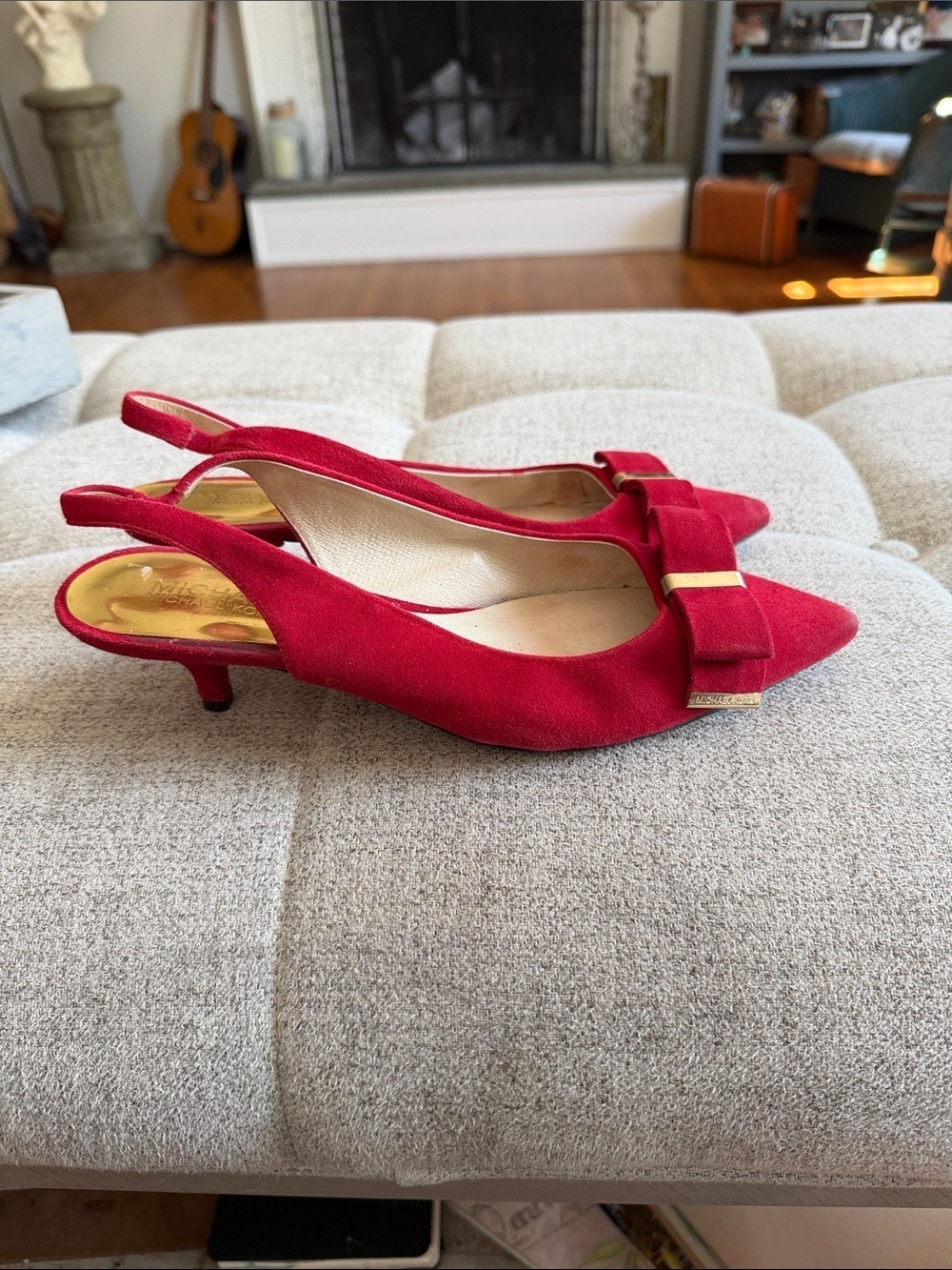 Michael Kors Red Pointed Toe Slingback Kitten Heels Bow Accent Women’s Size 8 - Picture 3 of 14